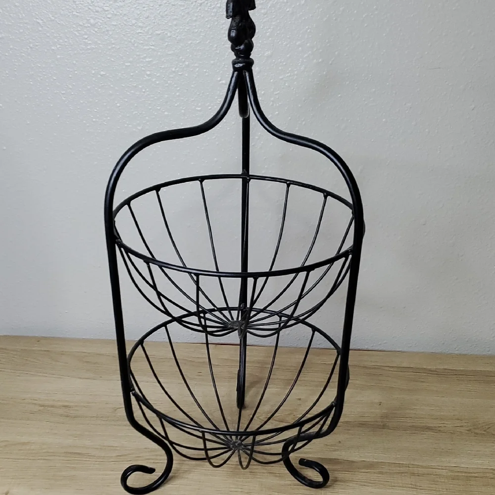 Black Metal 2 Tier Fruit Basket Stand Vegetable Basket Stand Bowl